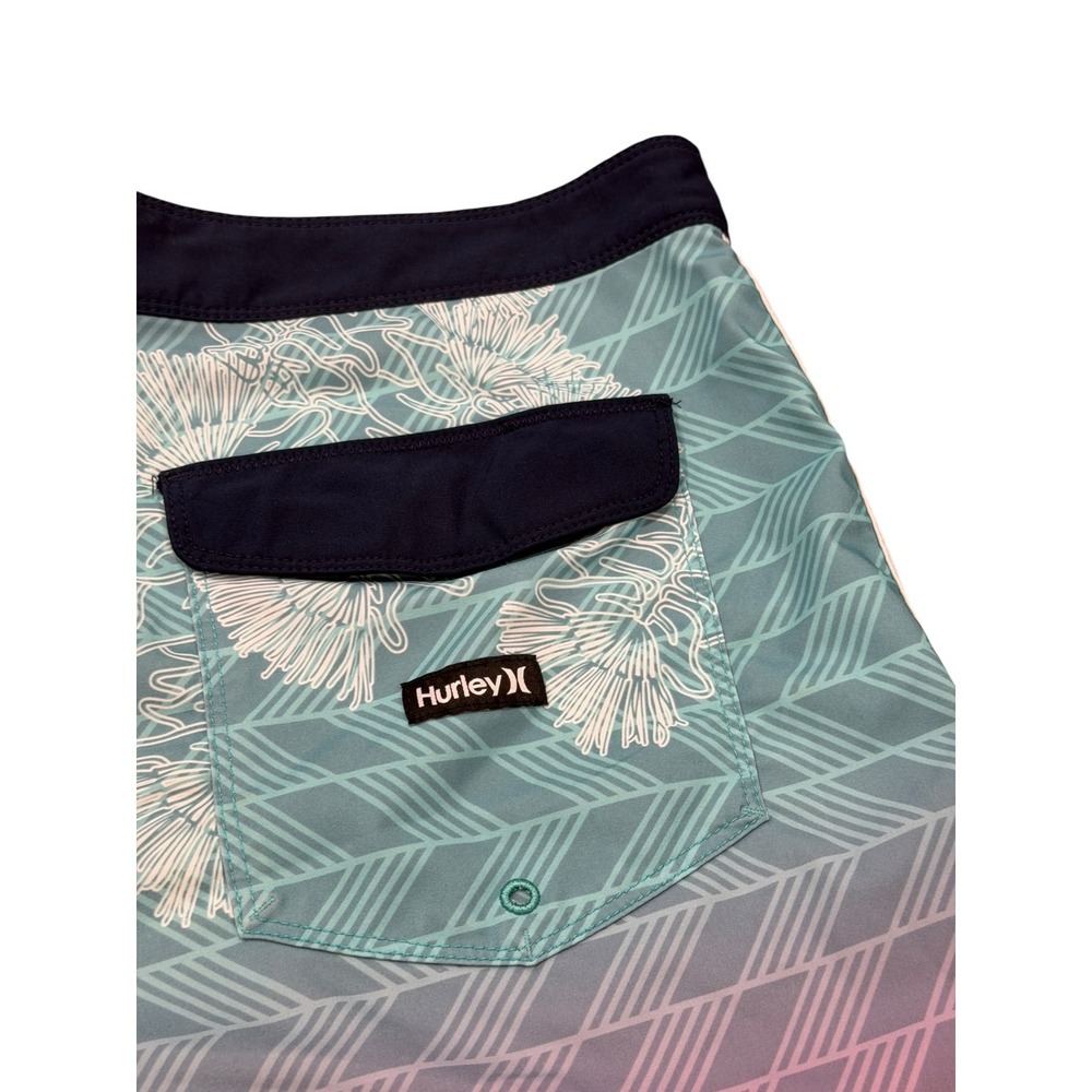 Hurley Board Shorts Mens 36 Teal Magenta Ombre Chevron Floral Surf Trunks - Picture 12 of 14